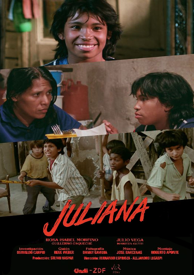 Poster de la película Juliana, una niña cruza mirada con una señora, un grupo de niños están amrmados con objetos listos para una pelea.