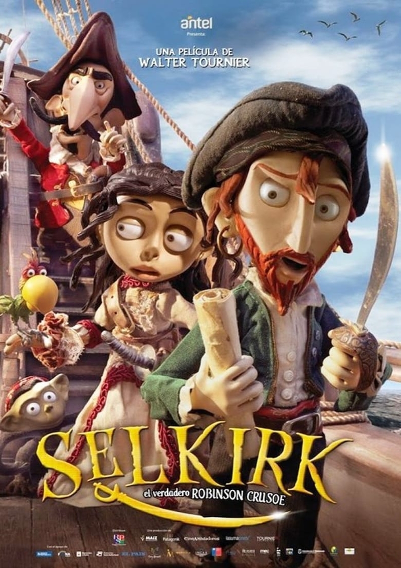 Poster de la película Selkirk, en dibujos unos marineros van sobre un barco, Selkirk lleva un mapa y una espada.