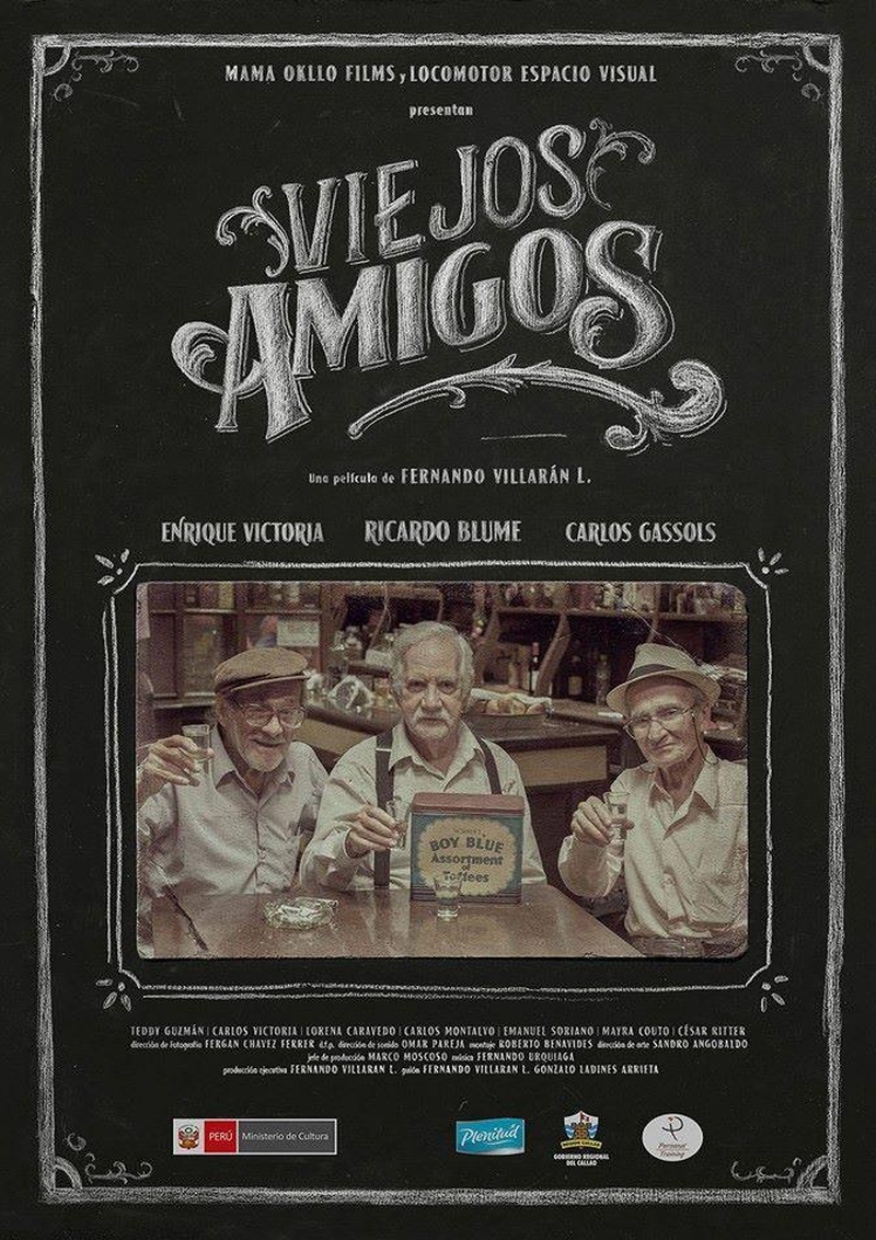 Poster de la película Viejos amigos, tres adultos mayores posan sosteniendo una copa en la mano, uno de ellos lleva una lata de galletas.