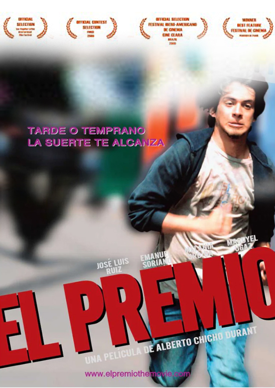 Poster de la película El premio, sobre un fondo desenfocado un joven corre esforzadamente.
