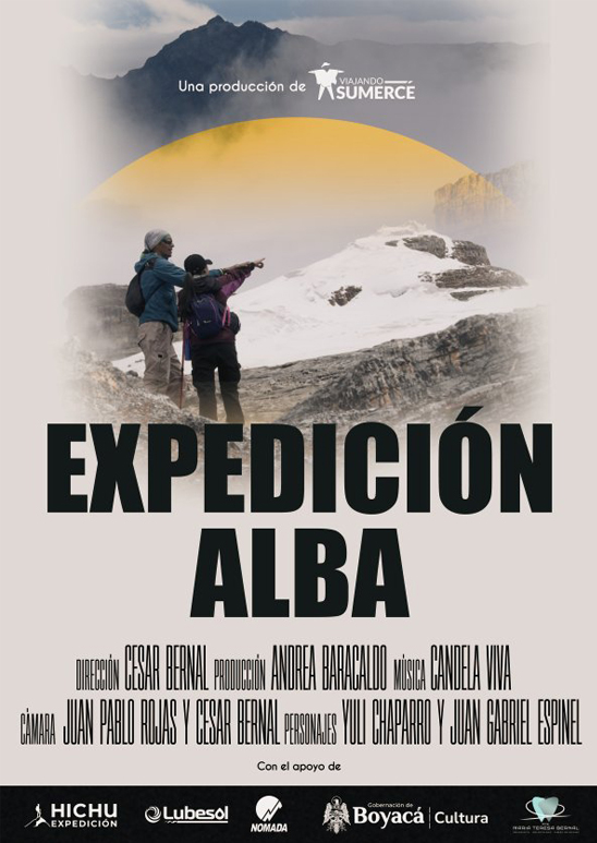 Poster de la película Expedición Aba, una hombre y una mujer señalan la cima de una montaña.