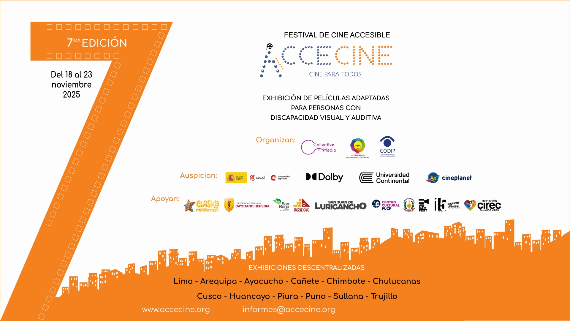 Poster de la septima edición del Festival AcceCine, en la parte izquierda logotipo del festival y contenidos textuales, en la parte derecha logotipo del Ministerio de Cultura y cinta de cine en forma de torta.