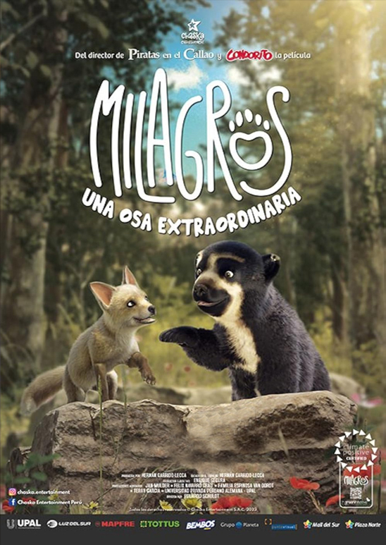Poster de la película Milagros, una osa extraordinaria, en dibujo, en un bosque, una osa de anteojos conversa con un zorro pequeño.