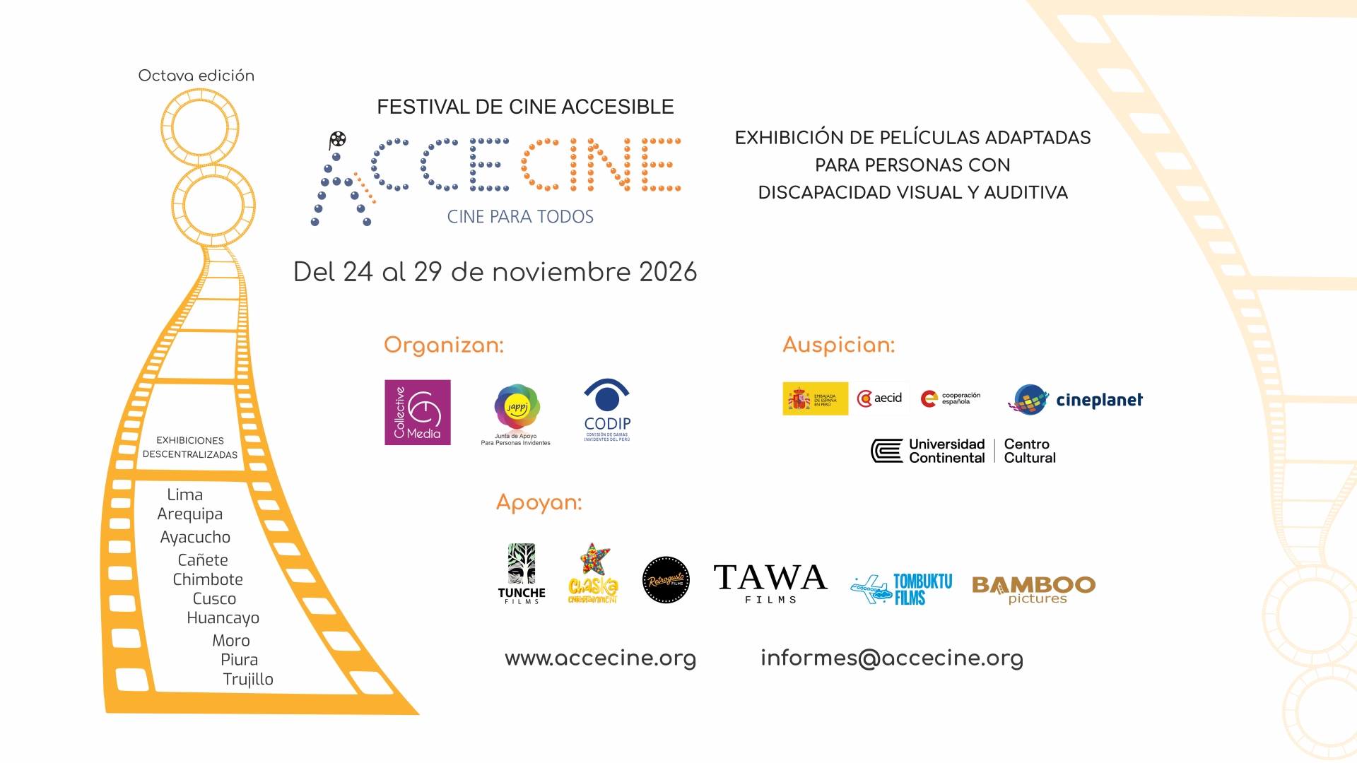 Poster de la octava edición del Festival AcceCine, en la parte izquierda logotipo del festival y contenidos textuales, en la parte derecha logotipo del Ministerio de Cultura y cinta de cine en forma de torta.